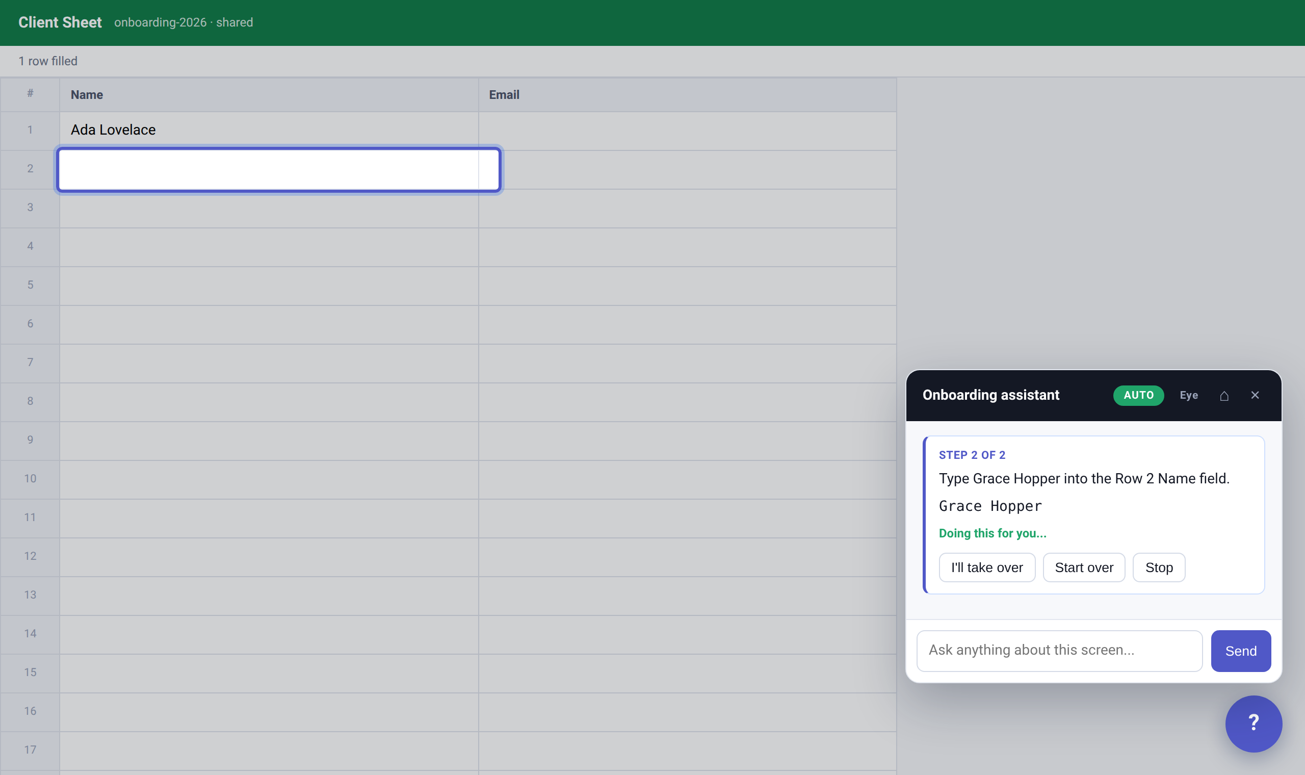 The assistant working inside a live app, with the exact field it found on the page ringed.